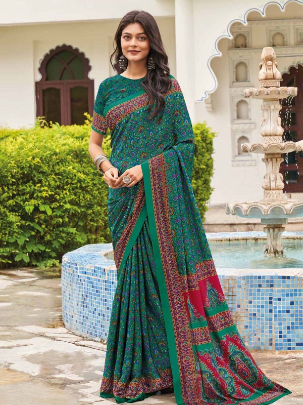 Teal Blue Crepe Silk Digital Print Saree